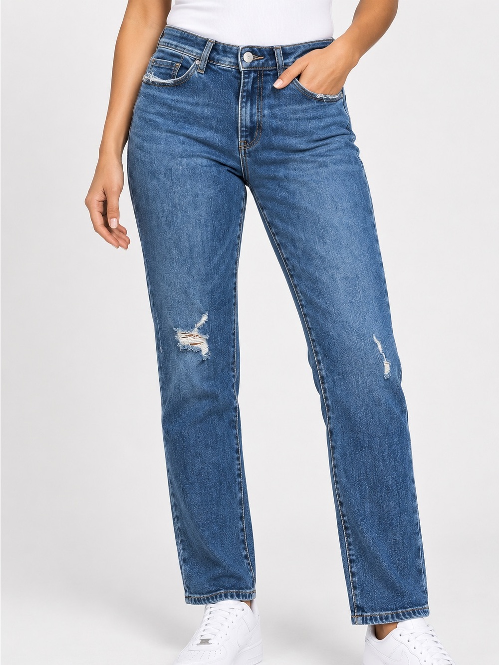 Pilcro Straight Leg Distressed Women's Jeans in Medium Blue